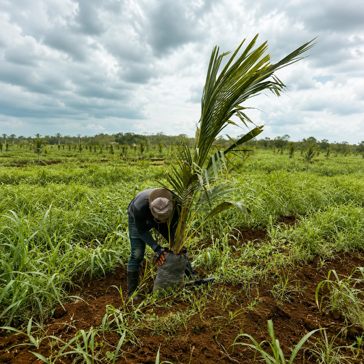 Plantación de palmas de coco en campo