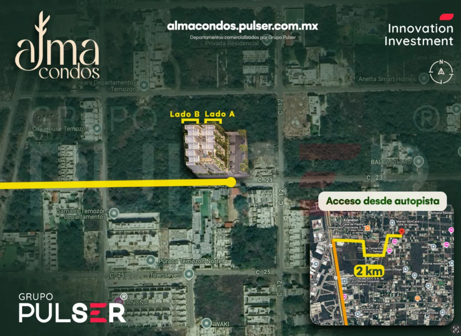 Mapa de acceso a Alma Condos desde la carretera Mérida–Progreso.